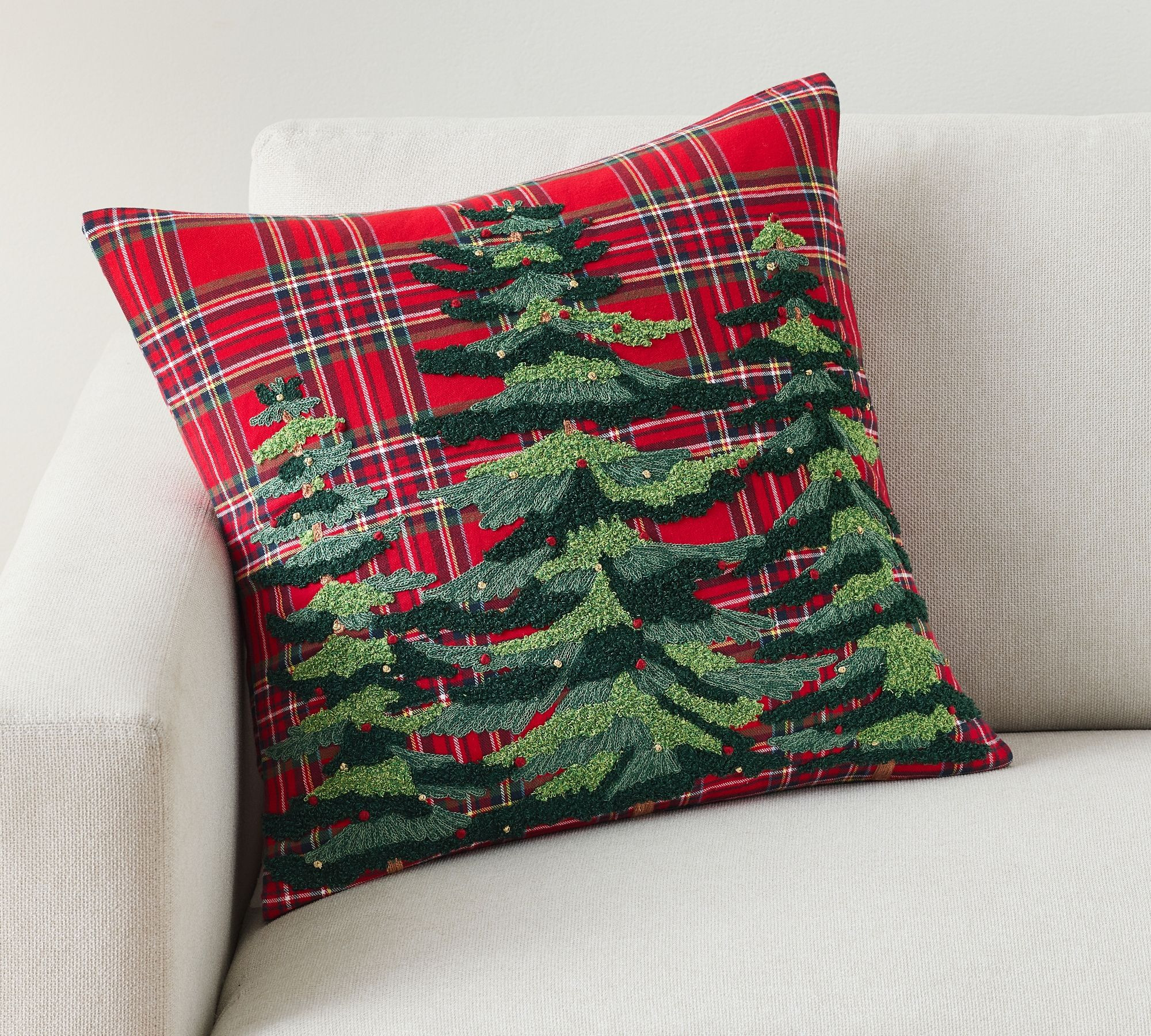 Elliot Tree Plaid Embroidered Pillow & Down Feather Insert, Bundle 20 Inches, Red Multi | Pottery Barn (US)