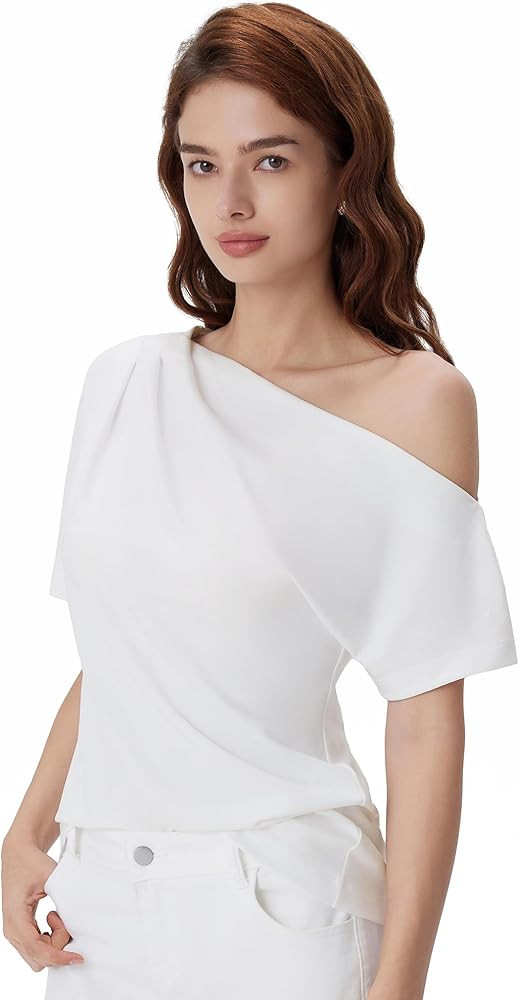 SUUKSESS Off the Shoulder Tops for Women Short Sleeve Asymmetrical Top Trendy Summer Going Out T-... | Amazon (US)