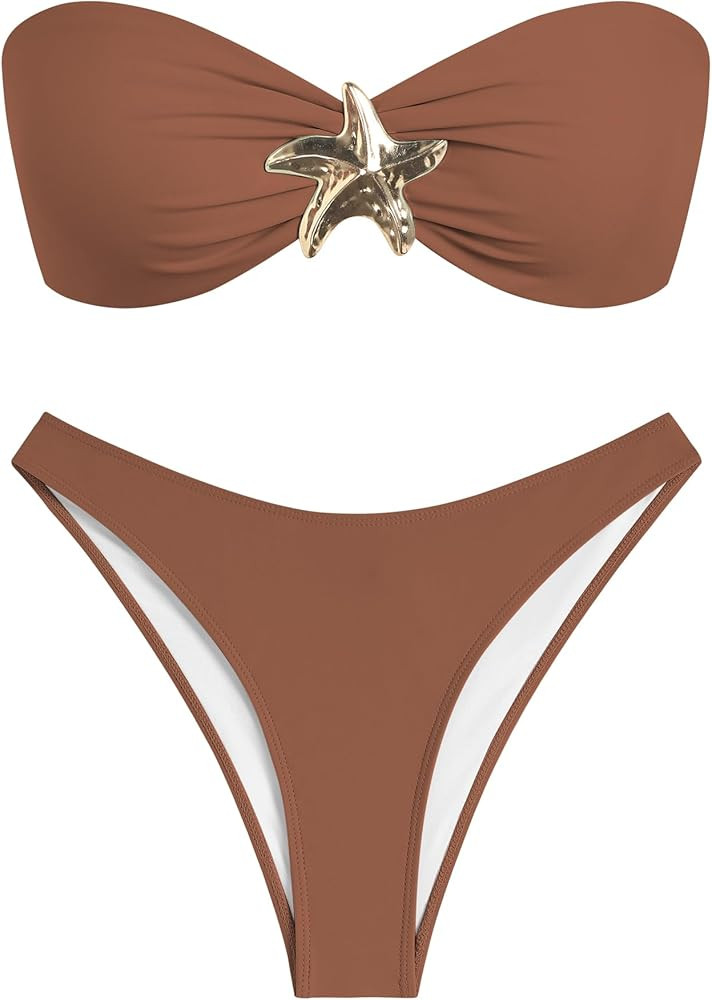 ZAFUL Womens Bandeau Bikini Set Metallic Sparkly O Ring Lace Up Tie Side High Cut Tanga Sexy Bath... | Amazon (US)
