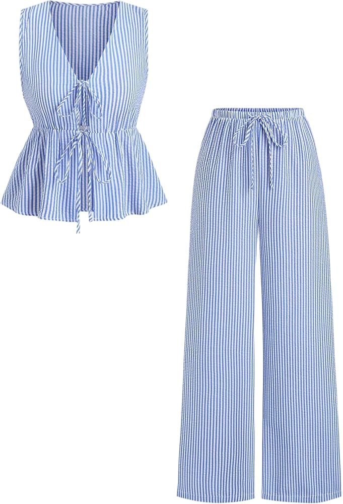 SweatyRocks Women's 2 Piece Outfits Striped Bow Tie Front Sleeveless Peplum Top and Pants Sets | Amazon (US)