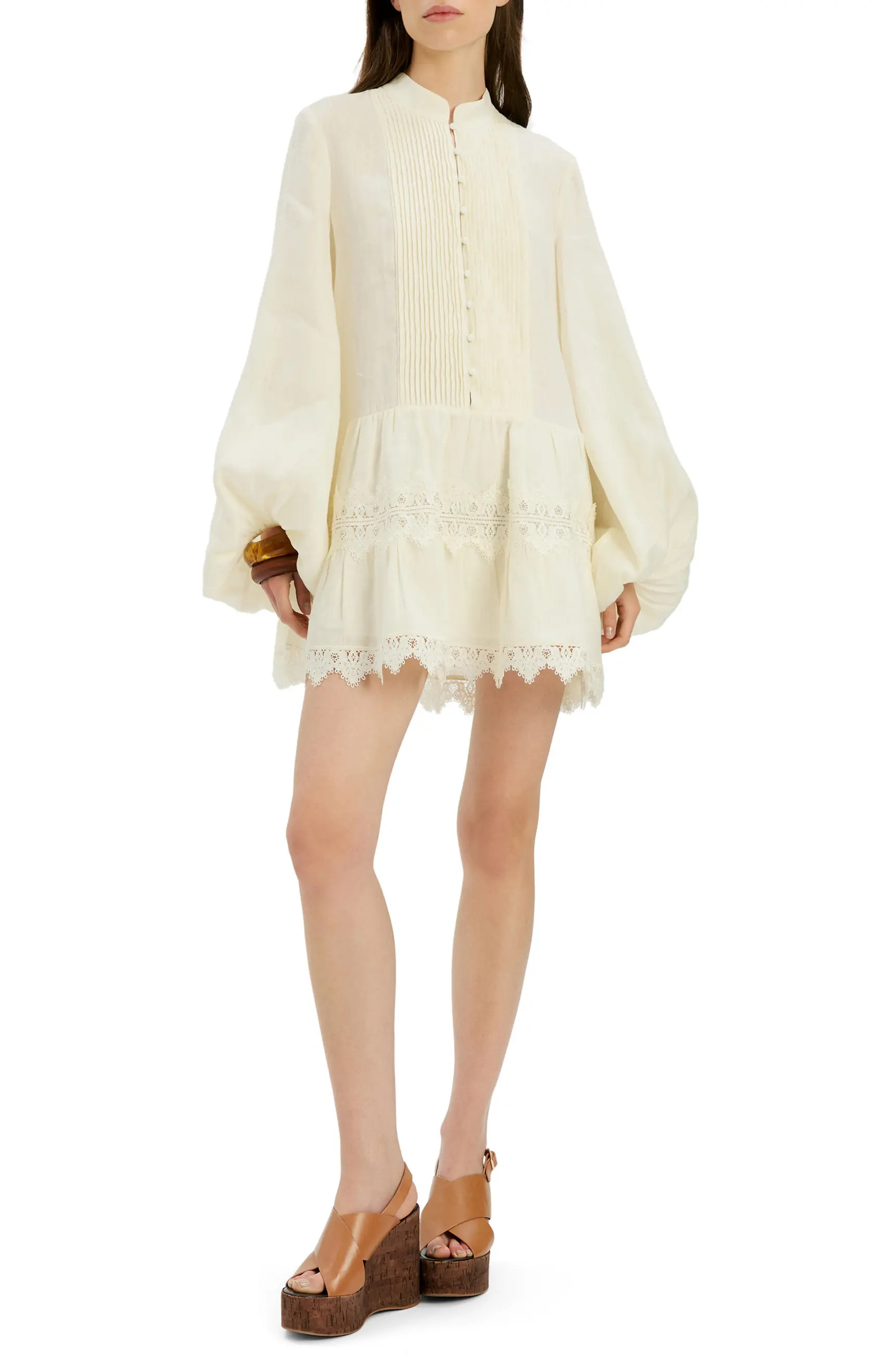 Antonia Lace Trim Long Sleeve Linen Minidress | Nordstrom