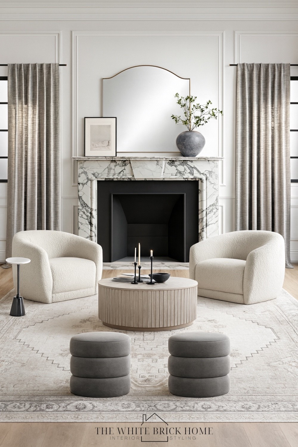 A modern traditional living room where soft textures, sculptural seating, and a marble fireplace create an elevated retreat. 

Living room, living room design, living room decor, living room seating, living room ottoman. Living room rug, living room mantle, marble fireplace, home decor, home design, living room design ideas, coffee table, curtains, vase, faux greenery, wall mirror, wall art, living room seating, crate and barrel, pottery barn, Etsy 

#LTKHome #LTKSaleAlert #LTKSeasonal