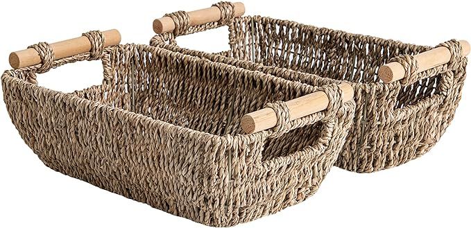 StorageWorks Small Wicker Baskets, Handwoven Baskets for Storage, Seagrass Rattan Baskets with Wo... | Amazon (US)