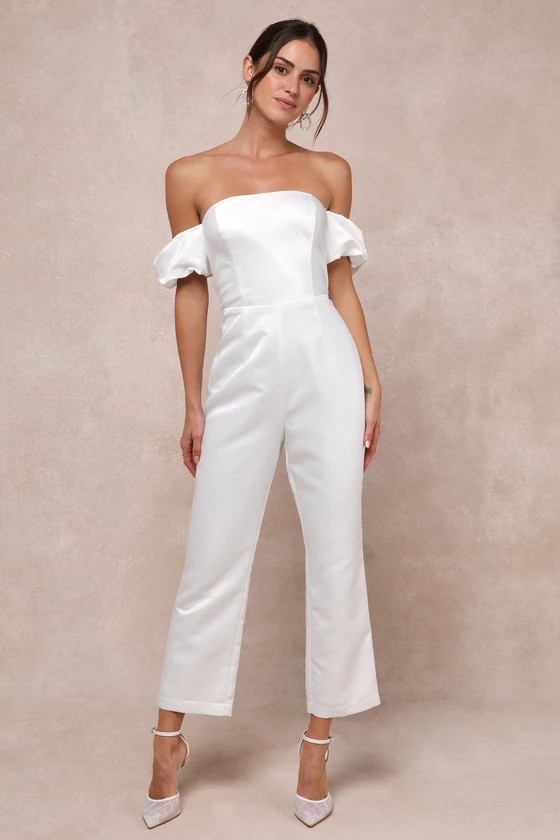 Chic Vow White Satin Off-the-Shoulder Bow Jumpsuit | Lulus
