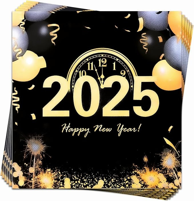 LOLStar Happy New Year 2025 Napkins Disposable 50PCS Black Gold Silver Dinner Paper Napkins 6.5 ... | Amazon (US)