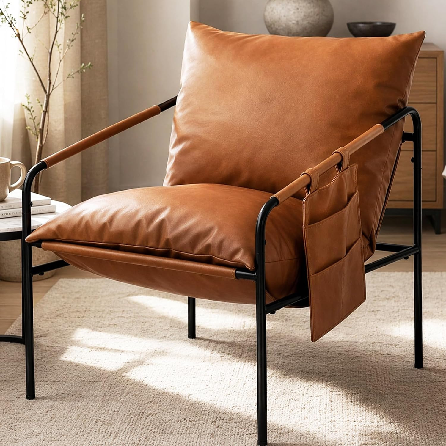 TOLVIN Modern Accent Chair, Comfy Armchair, Waterproof Living Room Chair with Storage Pocket,Upholstered Lounge Chairs with Metal Frame for Reading Nook, Bedroom, Dorm, Office, Brown | Amazon (US)