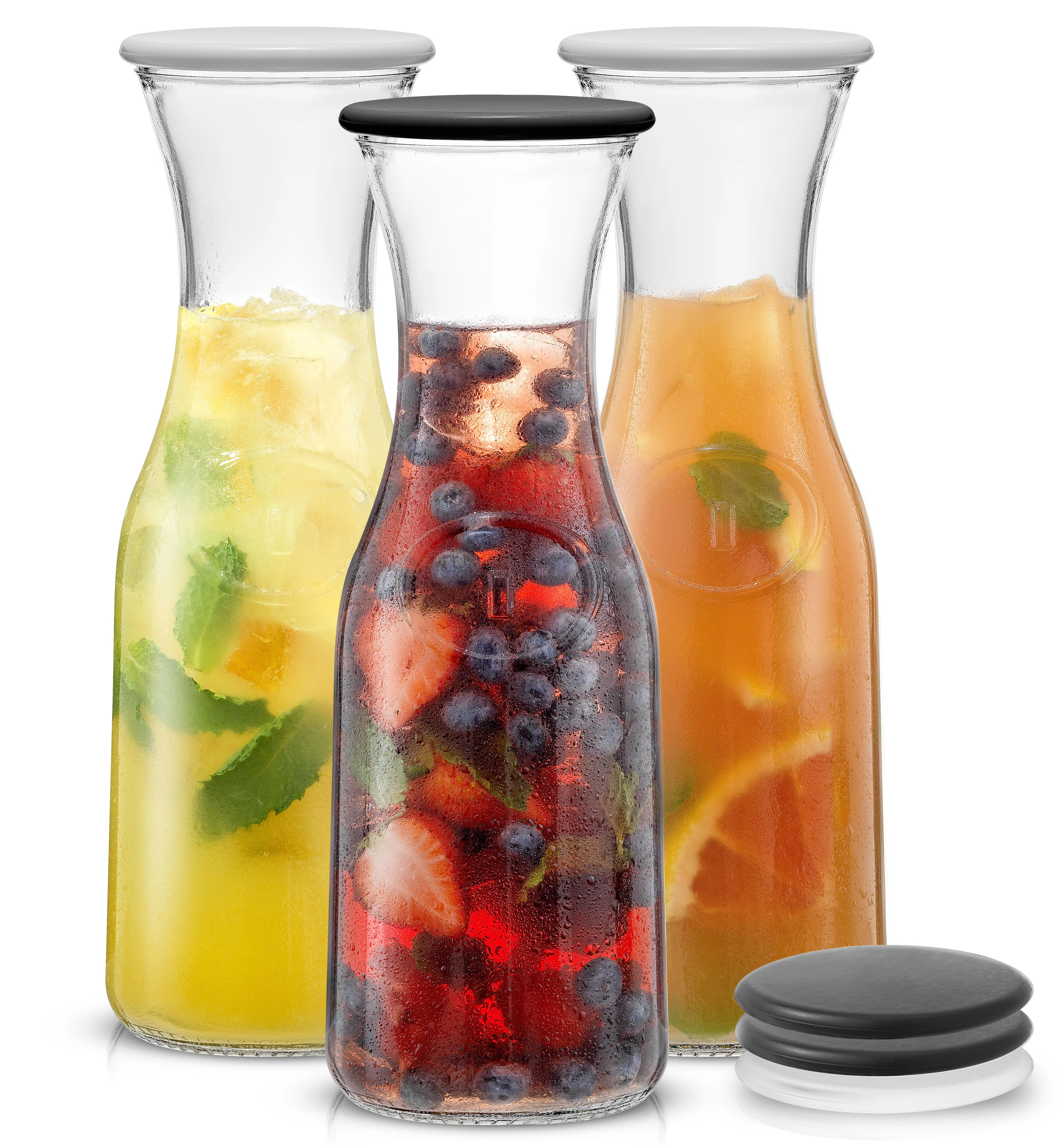 JoyJolt Hali Glass Carafe Bottle Pitcher with 6 Lids, 36 oz (Set of 3) | Wayfair North America
