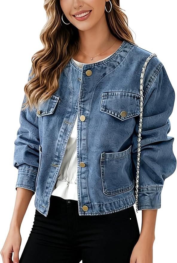 Omoone Jean Jacket Women Denim Jacket for Women Collarless Cropped Long Sleeve Button Down Jean T... | Amazon (US)