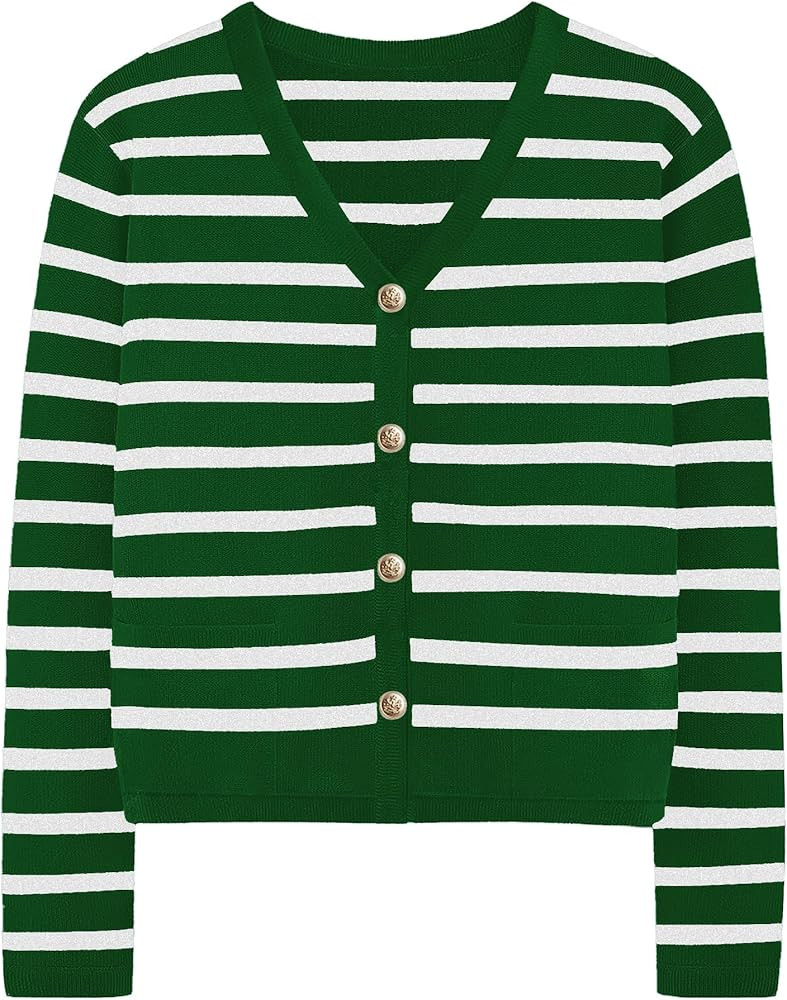 Women's Striped Cardigan Sweaters - Long Sleeve Button Down V Neck Knit Cardigans Classic Casual ... | Amazon (US)