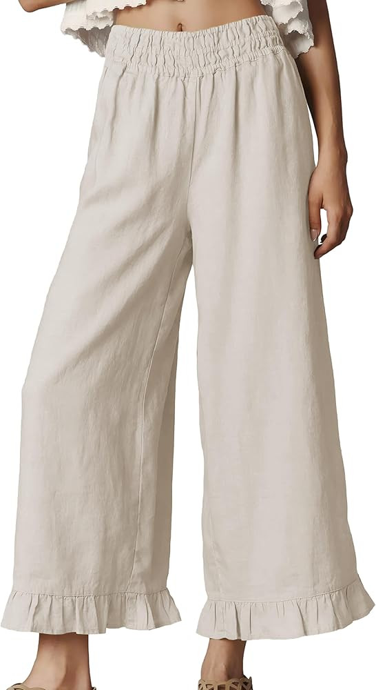 Women's Wide Leg Pants High Waist Ruffle Hem Casual Loose Cropped Trousers Solid Color Lightweigh... | Amazon (US)