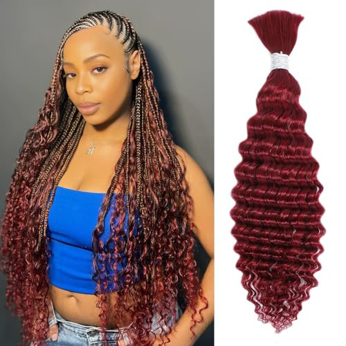 YNSNR 99J Burgundy Deep Wave Bulk Human Braiding Hair for Boho Braids, 100% Human Hair, 24 Inch, 50g | Amazon (US)