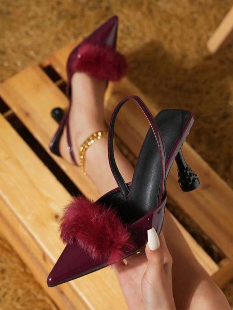 Women's Burgundy Pointed Toe Furry Slip-On High Heel Shoes, Sexy Pumps For Dates, Formal Occasions, Parties, Fashion, Elegant | SHEIN