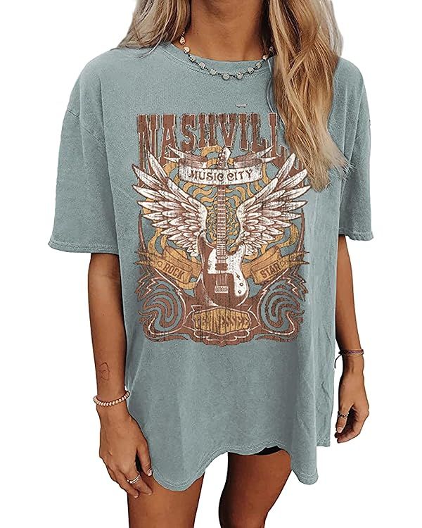 Nashville Music City T-Shirt Women Country Music Oversized Shirts Rock Band Tshirt Vintage Guitar... | Amazon (US)