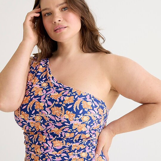 Ruched one-shoulder one-piece in painted block print | J. Crew US