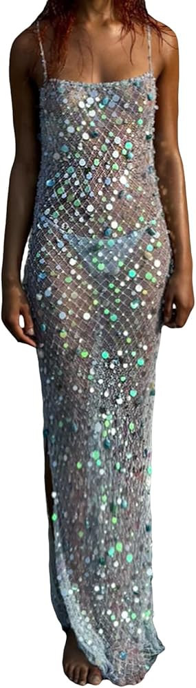 Women's Sequin Sheer Maxi Dress Spaghetti Straps Backless Slit Sparkle See-Through Mesh for Beach Clubwear | Amazon (US)