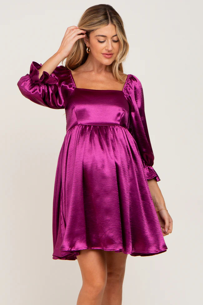 Magenta Satin Square Neck Babydoll Maternity Mini Dress | PinkBlush Maternity