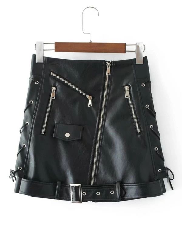 Zipper Detail Belted Moto Skirt | SHEIN