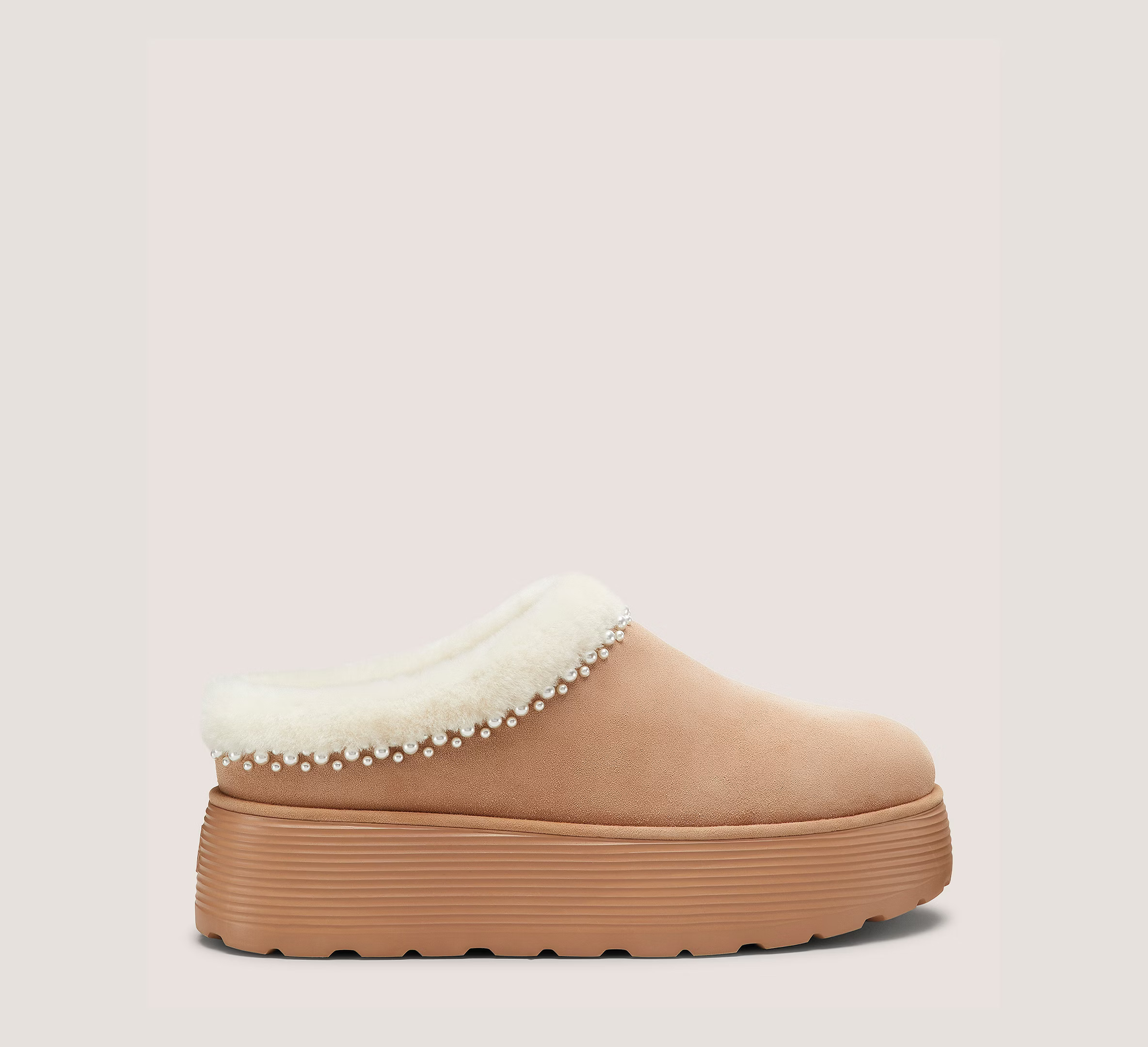 Stuart Weitzman Nellie Pearl Flatform Mule Boot & Booties, Camel & Cream Sport Suede/Soft Shearling, Size: 8.5 Medium | Stuart Weitzman (US)