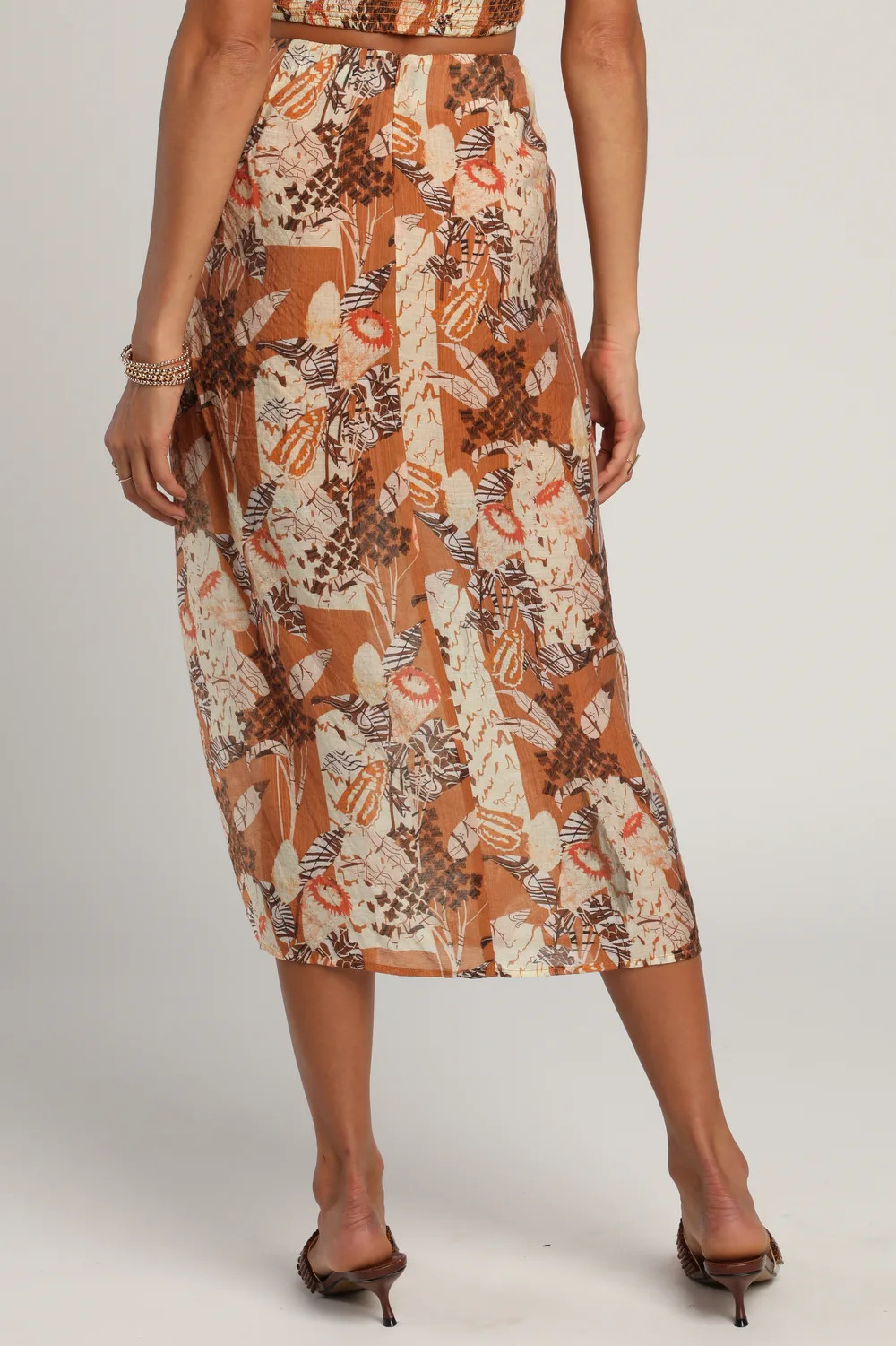 Something Wild Brown Multi Print Twist-Front Midi Skirt | Lulus