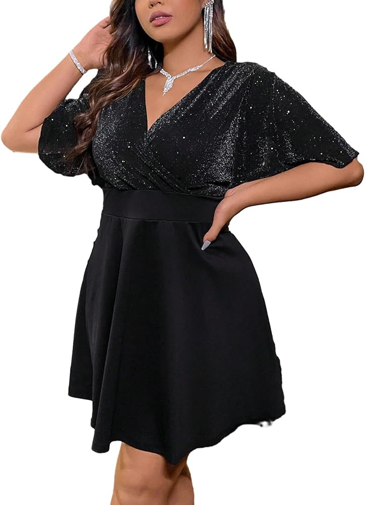 Floerns Women's Plus Size Glitter Wrap V Neck Short Sleeve Party A Line Dress | Amazon (US)