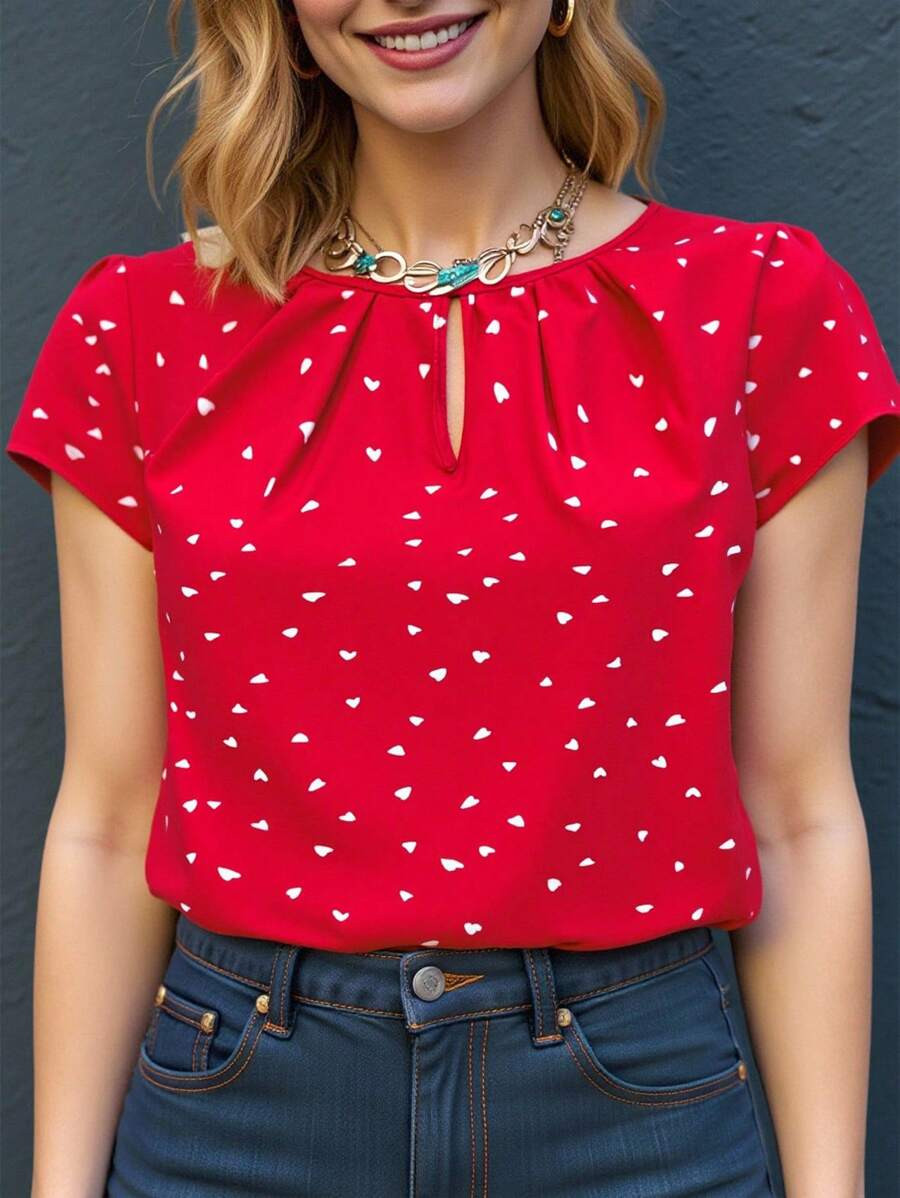 EMERY ROSE Women's Heart Print Button Down Short Sleeve Casual Shirt | SHEIN