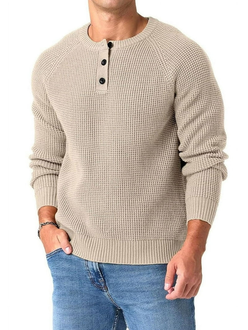 QDG Mens Henley Knit Pullover Sweater Waffle Crewneck Casual Texture Fashion Sweater | Walmart (US)