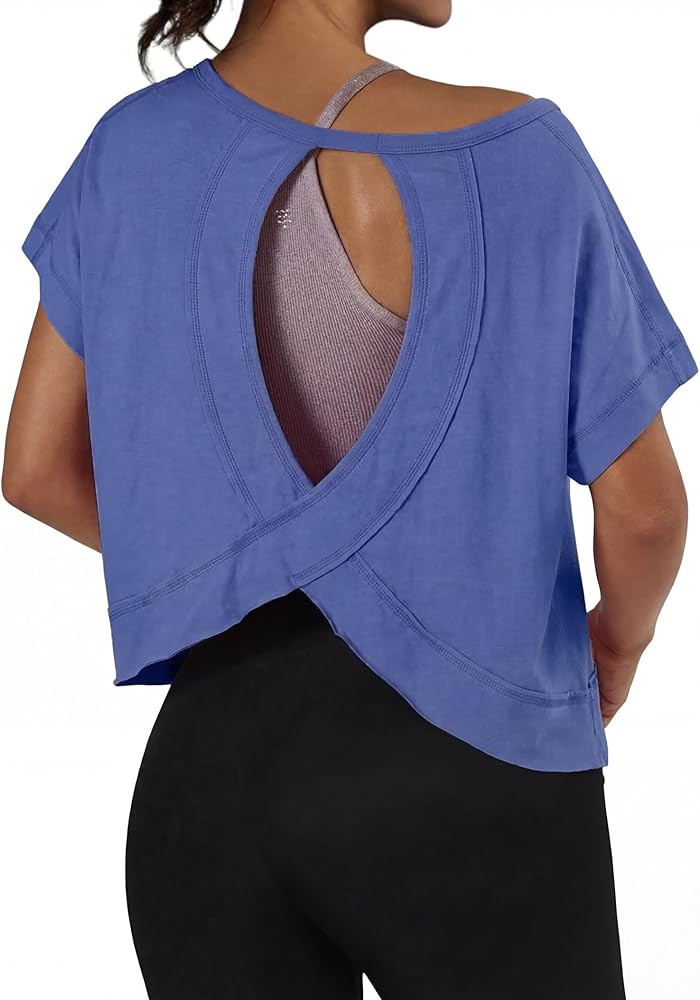 Women's Open Back Workout Tops Backless Athletic Shirts Casual Crop Running Tee Y2k Yoga | Amazon (US)