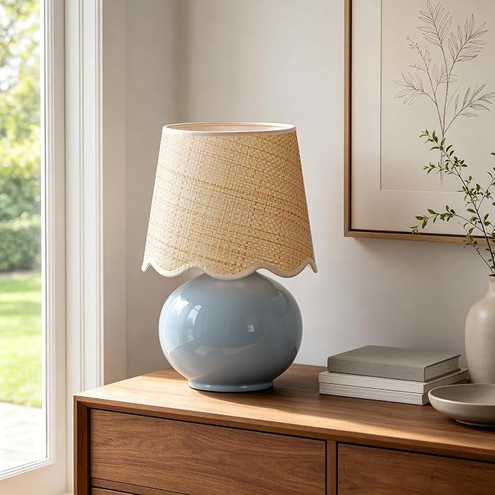 Coastal Lamp, Small Ceramic Table Lamp, Light Blue Globe Base with Rattan Woven Shade, Rocker Swi... | Amazon (US)