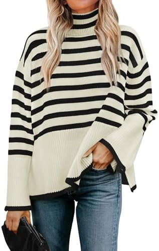 ZESICA Women's Winter Sweaters Casual Turtleneck Long Sleeve Striped Side Slit Loose Pullover Swe... | Amazon (US)