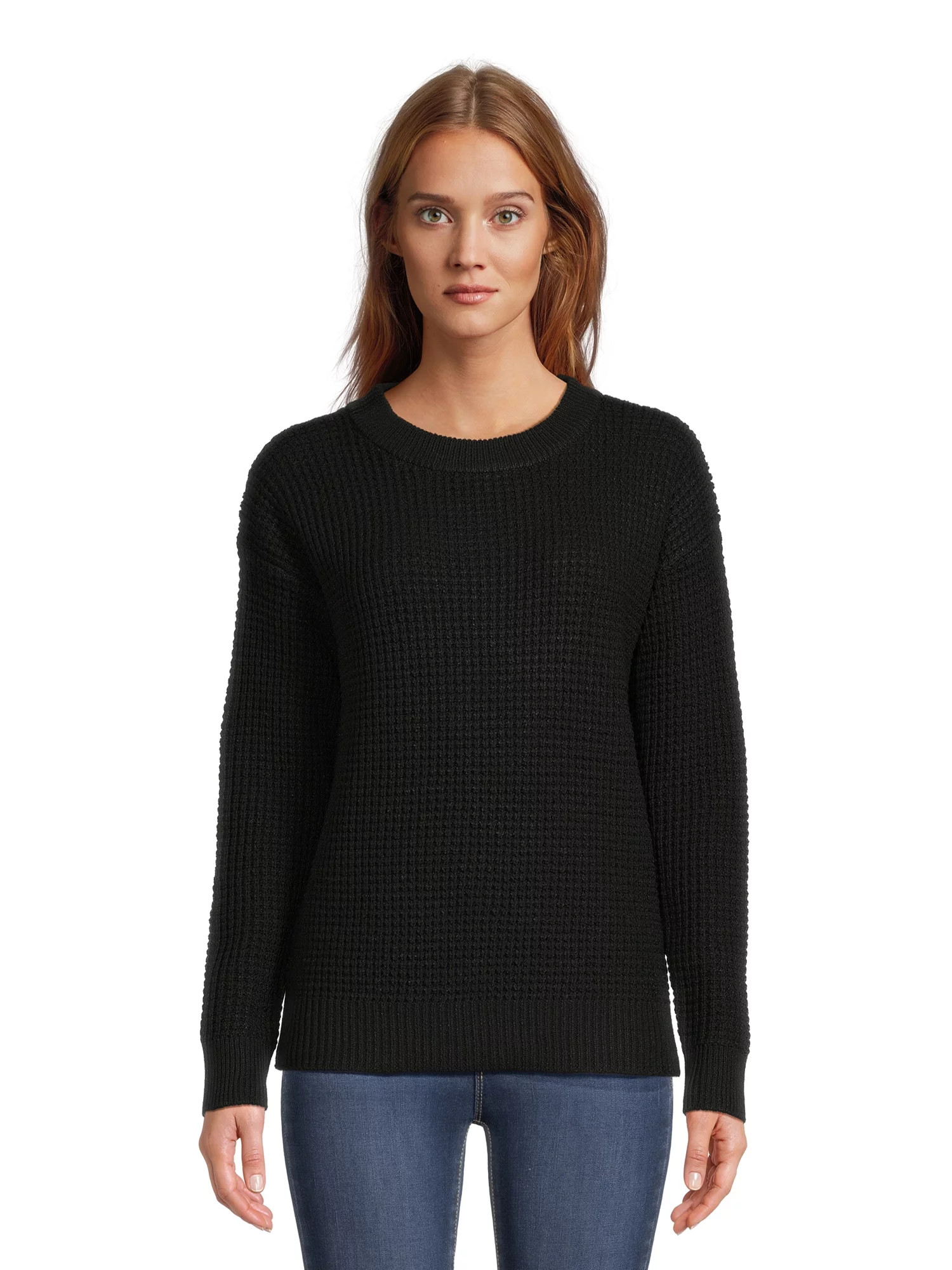 Time and Tru Women's Long Sleeve Waffle Crewneck Pullover Sweater - Walmart.com | Walmart (US)