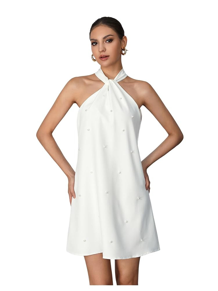 Floerns Women's Pearl Beaded Halter Twist Sleeveless Tie Back Dress A Line Dress | Amazon (US)