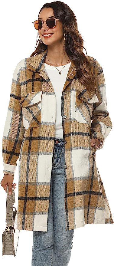 Springrain Women's Casual Plaid Wool Blend Shacket Button Shirt Long Jacket Coat | Amazon (US)