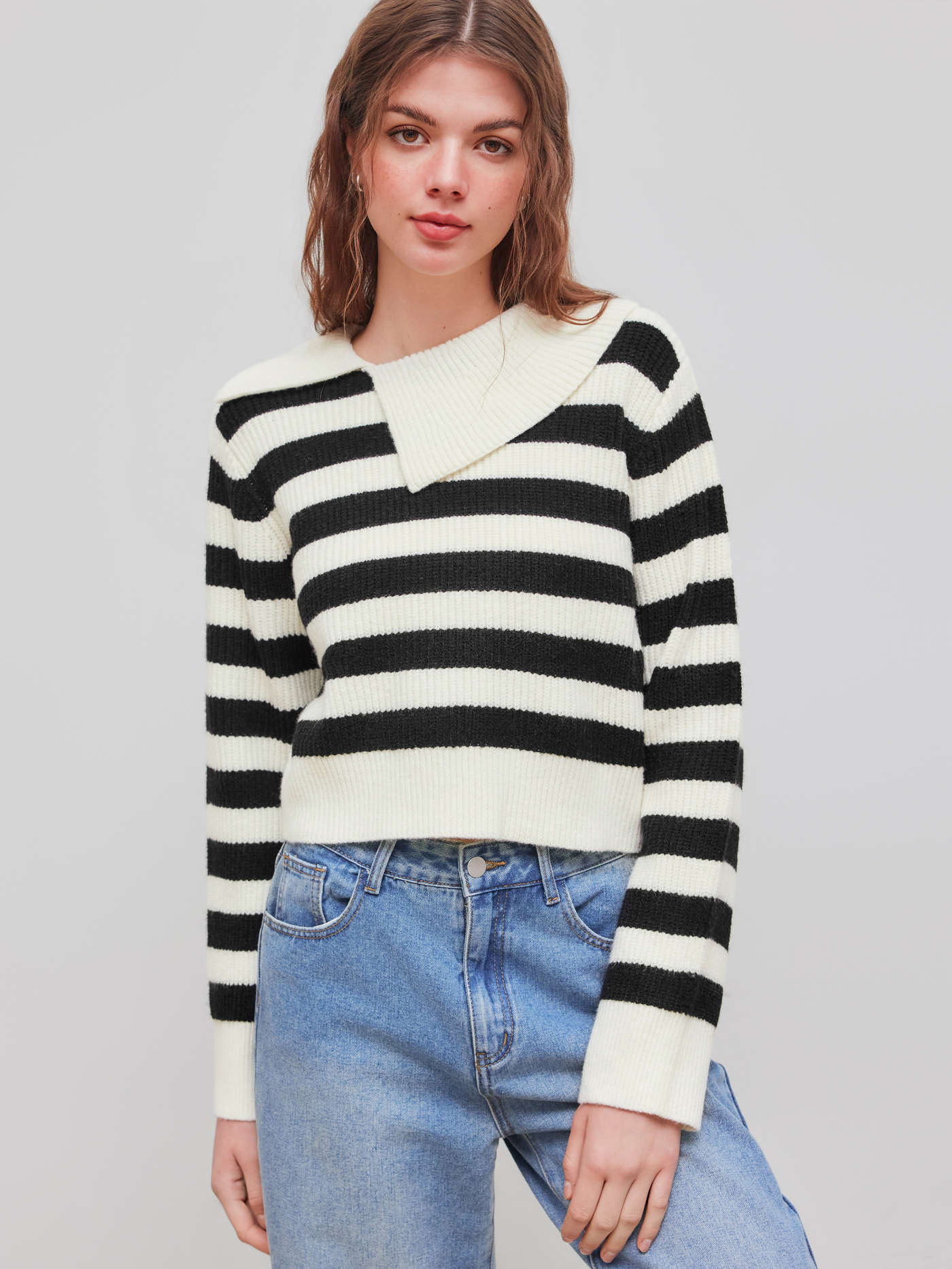 Knit Collar Striped Long Sleeve Crop Top | Cider