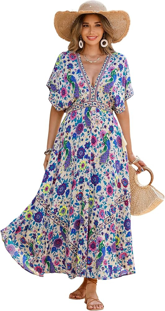 R.Vivimos Women Summer Print Deep V Neck Cotton Beach Long Dresses | Amazon (US)