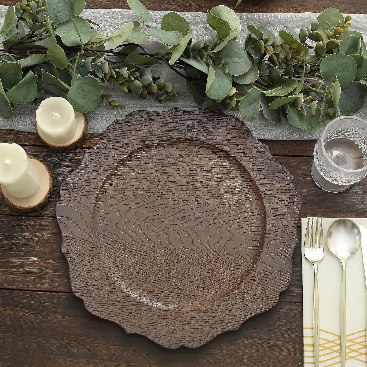 Efavormart 12-Pack Acrylic Charger Plates 13" Round Rustic Brown with Wood Grain Scalloped Rim - ... | Walmart (US)
