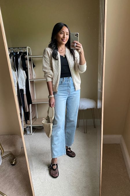 Summer outfit. Date night. 
Open knit bomber jacket is really cute!  Perfect lightweight layer for summer. True to size and comes in black too. 
A Favorite jean style of mine. I size up. 
Mesh shoes are a trend to try. True to size. 
Summer bag. Crossbody bag. Woven bag  

#LTKStyleTip #LTKFindsUnder100 #LTKOver40