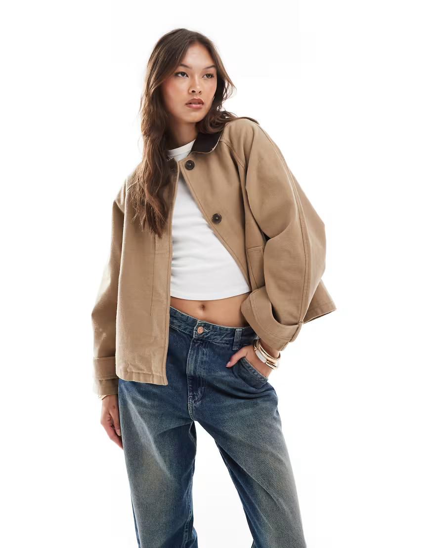 ASOS DESIGN jacket with contrast collar in stone-No color | ASOS (Global)