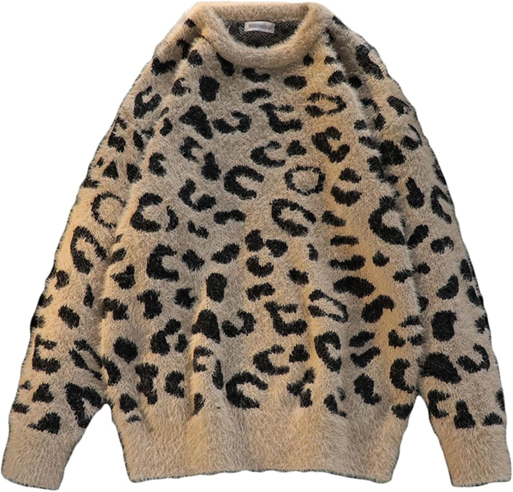 CORIRESHA Men's Casual Crewneck Leopard Print Fuzzy Loose Pullover Knit Sweater | Amazon (US)