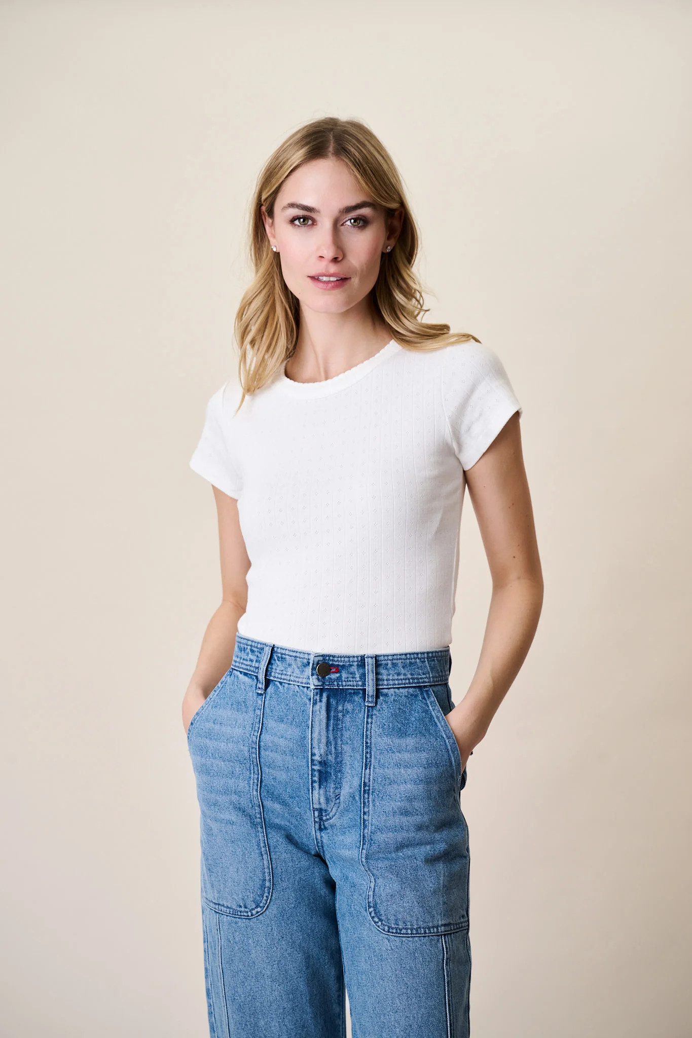 Pointelle Short Sleeve Crewneck - White | Marea