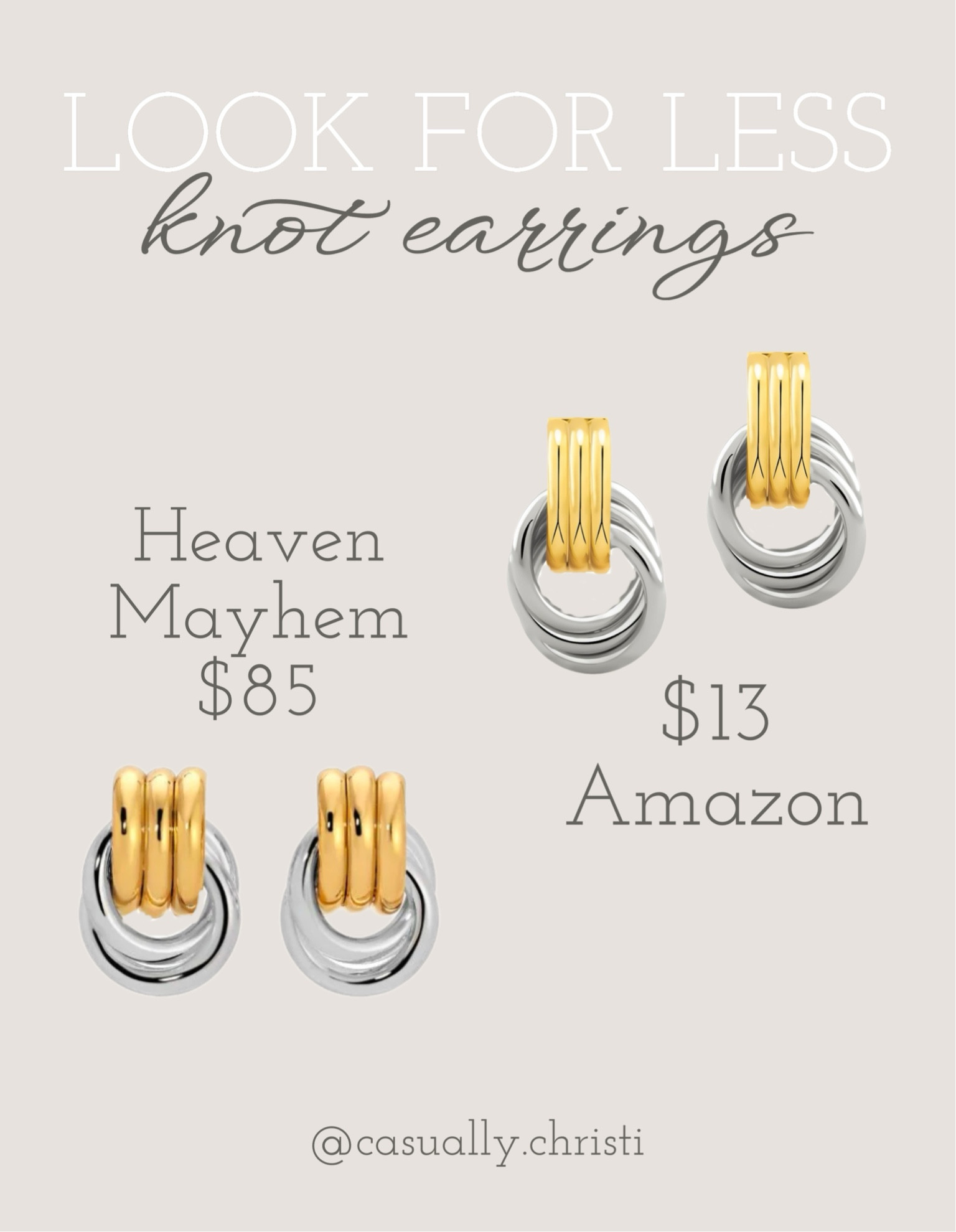 Look for less!
I found a great dupe for the Heaven Mayhem Baby Knot earrings for only $13 on Amazon!!! 

Holiday Party Outfit
Look For Less
Date Night Outfit

#LTKWatchNow #LTKStyleTip #LTKGiftGuide #LTKSaleAlert #LTKFindsUnder100 #LTKFindsUnder50