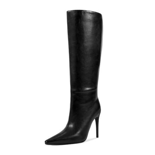 Wetkiss Black Knee High Boots for Women - High Heel Leather Boots With Pointed Toe, Stiletto Heel, Wide Calf - Long Tall Boots, Size 9 | Amazon (US)