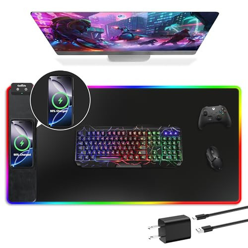 Mouse Pad with Wireless Charging, RGB Gaming Mousepad, Large Desk Mat with Ultra-Smooth Surface, Non-Slip Mouse Mat, Waterproof Computer Keyboard Pad with 18W QC Power Adapter, 800x400x4MM, Black | Amazon (US)