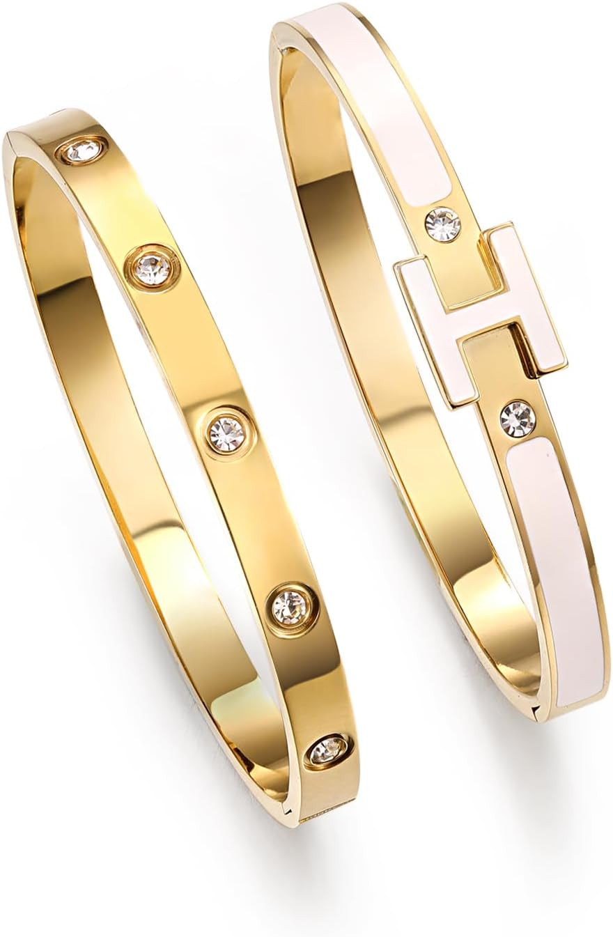 14K Gold Plated Love and H Bangle Bracelet Stackable Stainless Steel Bracelets Set for Women Trendy Jewelry | Amazon (US)