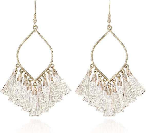 Boho Rhombus Metal Frame with Tassels Dangle Drop Earrings for Women | Amazon (US)