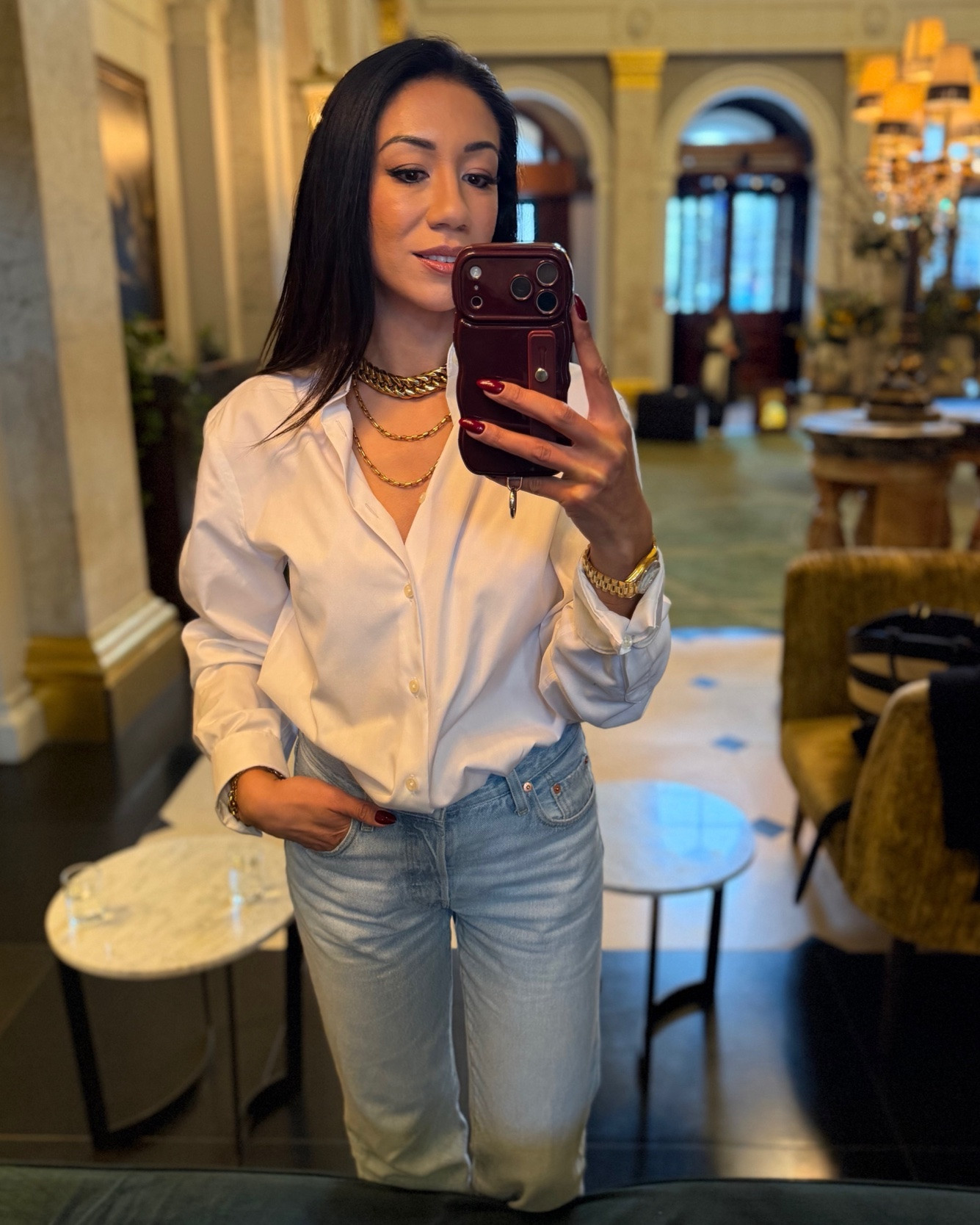 Real Housewives of London Season 2, Episode 1: Nessie’s lunch with Panthea & Amanda. Dressed in classics casual chic, denim and a great white shirt. This is my go-to outfit when I want an elevated classic look. Dress it up with layered chunky necklaces

#LTKeurope #LTKjeans #LTKstyletip