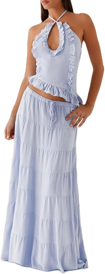 Y2k Ruffle Long Skirt Sets for Women 2 Piece Outfits Summer Ruched Backless Cami Top Matching Boh... | Amazon (US)