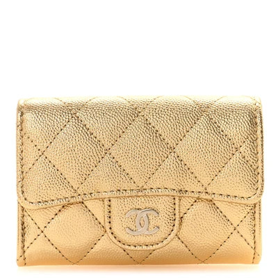 Metallic Caviar Quilted Flap Card Holder Wallet Gold | FASHIONPHILE (US)