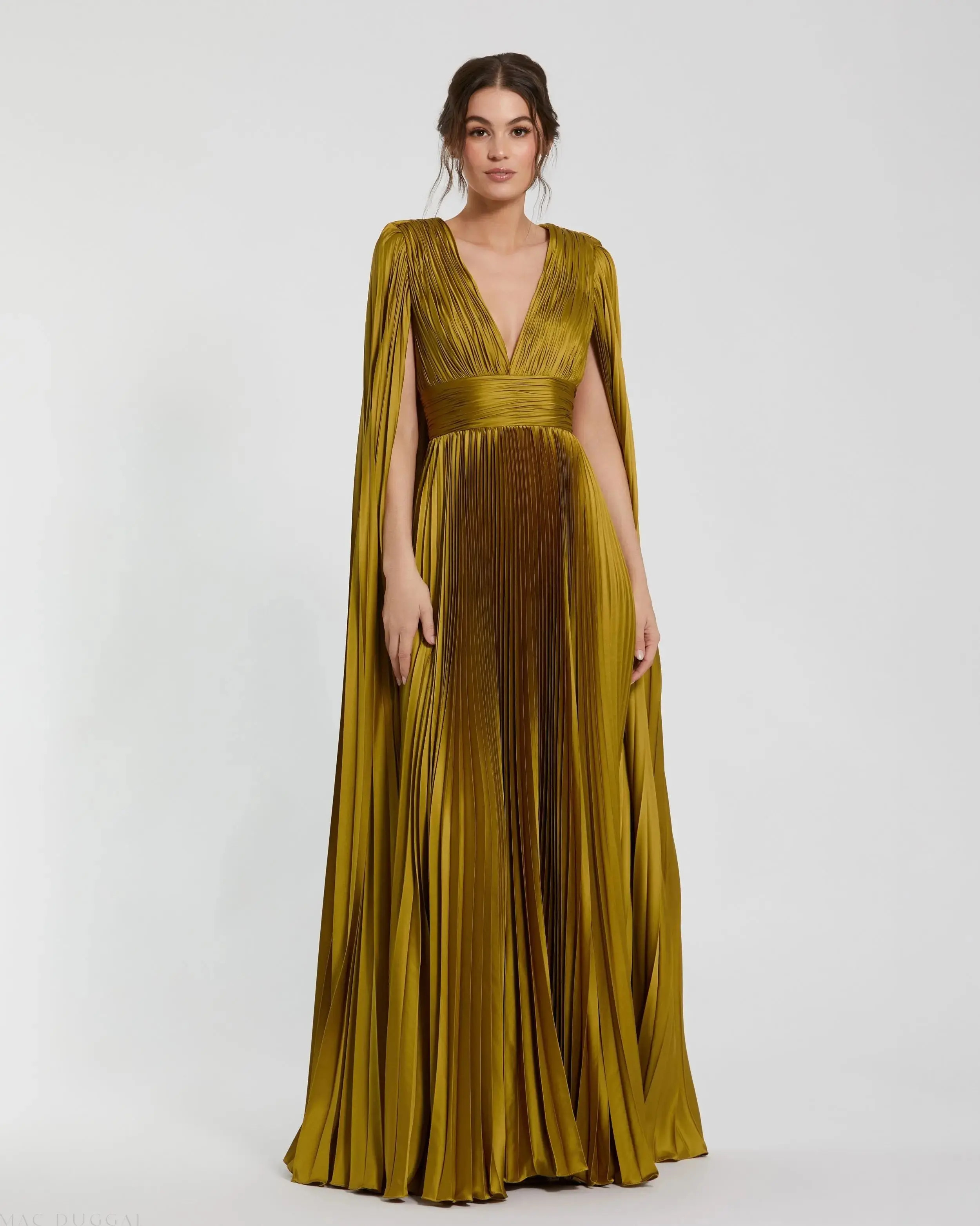 Green Pleated Charmeuse V Neck Gown With Cape - Mac Duggal | Mac Duggal