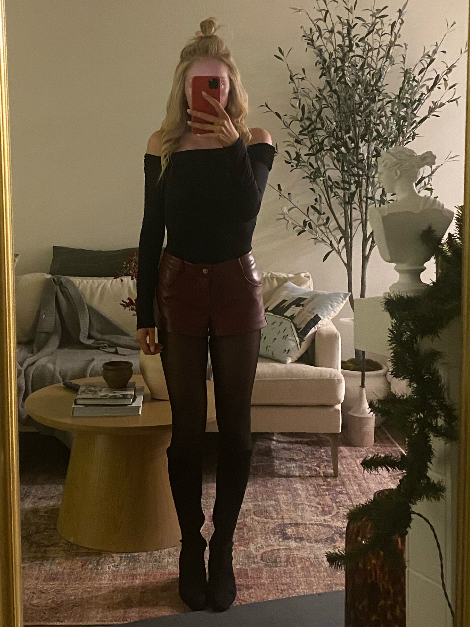 Winter Going Out Outfit - Valentines Outfit - Weworewhat Hot Shorts in Burgandy - Weworewhat Knee High Glove Boot size 37 - Sheertex tights Classic Sheer Rip-Resist Tights – 4” Waistband - Black Long Sleeve Off the Shoulder Top 

 #LTKSeasonal #LTKFindsUnder50 #LTKShoeCrush