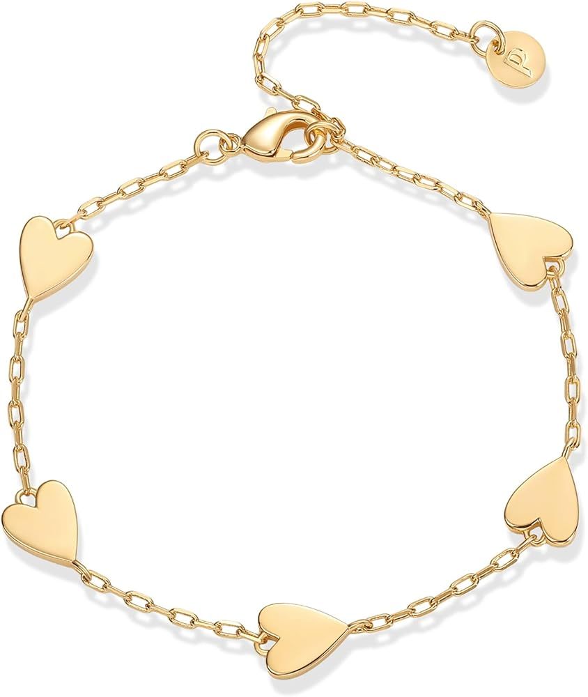 PAVOI 14K Gold Plated Dainty Station Heart Charm Bracelet for Women | Love Friendship Adjustable ... | Amazon (US)